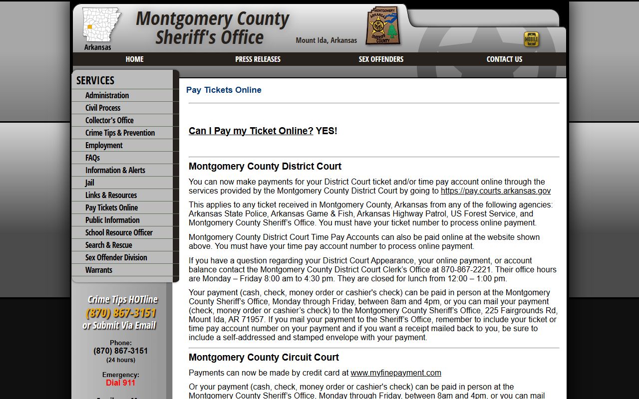 Montgomery County sheriff page for District Court and Circuit Court payment options