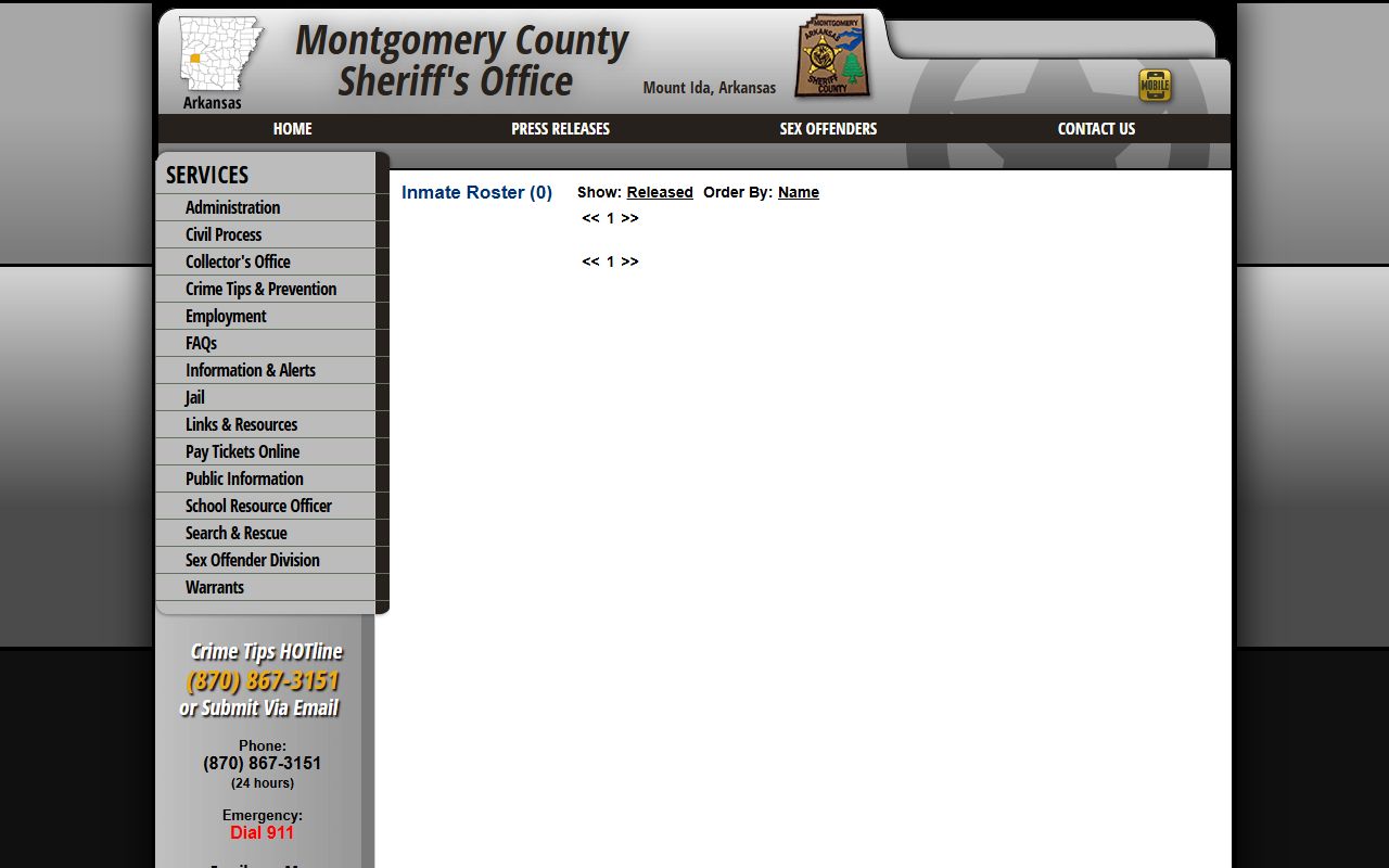 Montgomery County current jail roster page showing roster controls and empty current roster