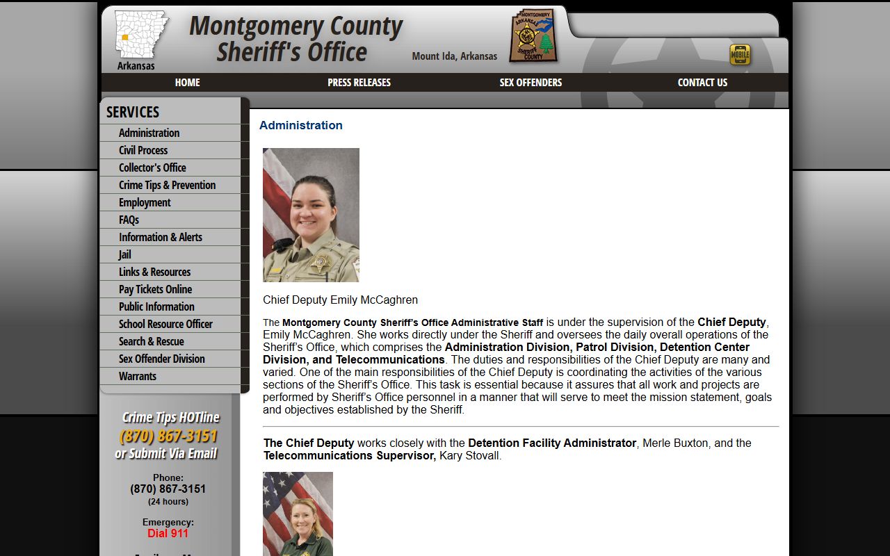 Montgomery County Sheriff's Office Administration page with detention administrator and intake duties