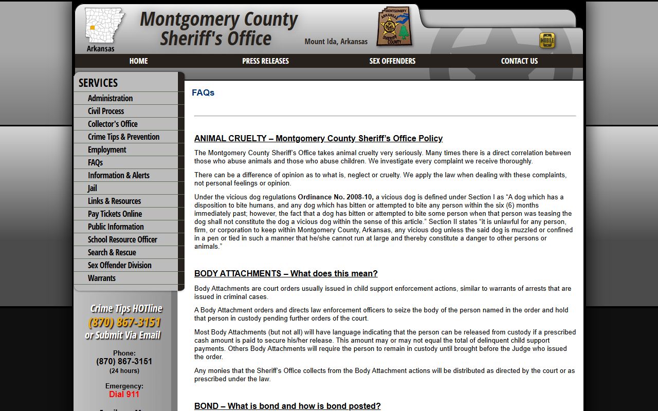 Montgomery County sheriff FAQ page explaining FOIA records and exceptions