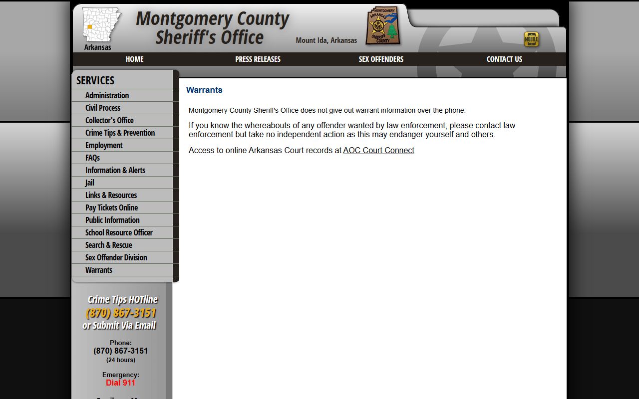 Montgomery County sheriff warrants page directing users to AOC CourtConnect