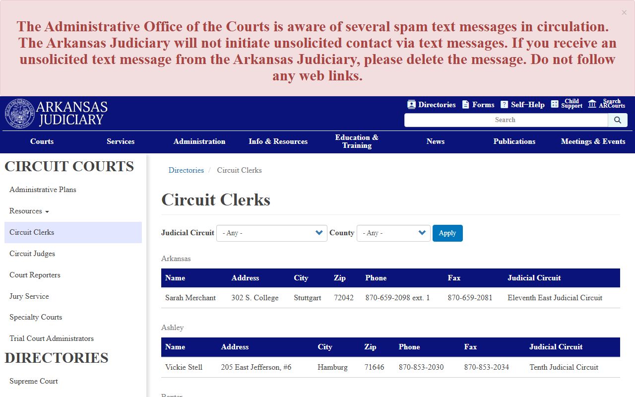 Arkansas Judiciary circuit clerks directory listing Montgomery County Circuit Clerk Regina Powell