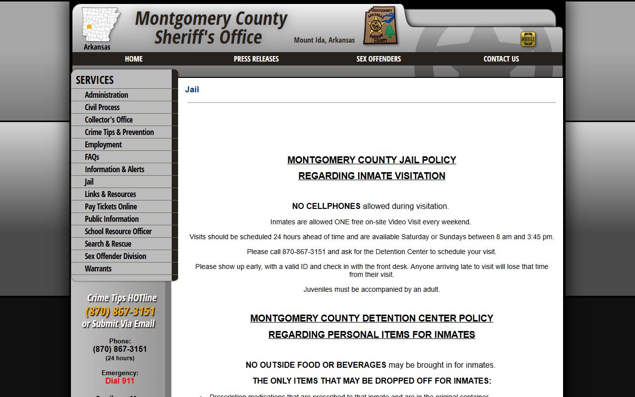 Montgomery County jail page with visitation, commissary, CityTeleCoin, and VINELink details